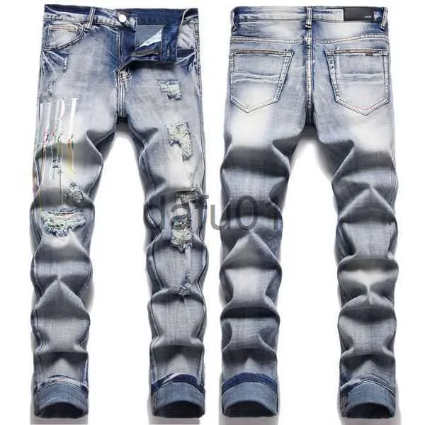 Jeans masculinos mens designer jeans moda europeia américa estilo jean hombre carta estrela bordado calças patchwork rasgado para motocicleta calça skinny 7y1s x0914