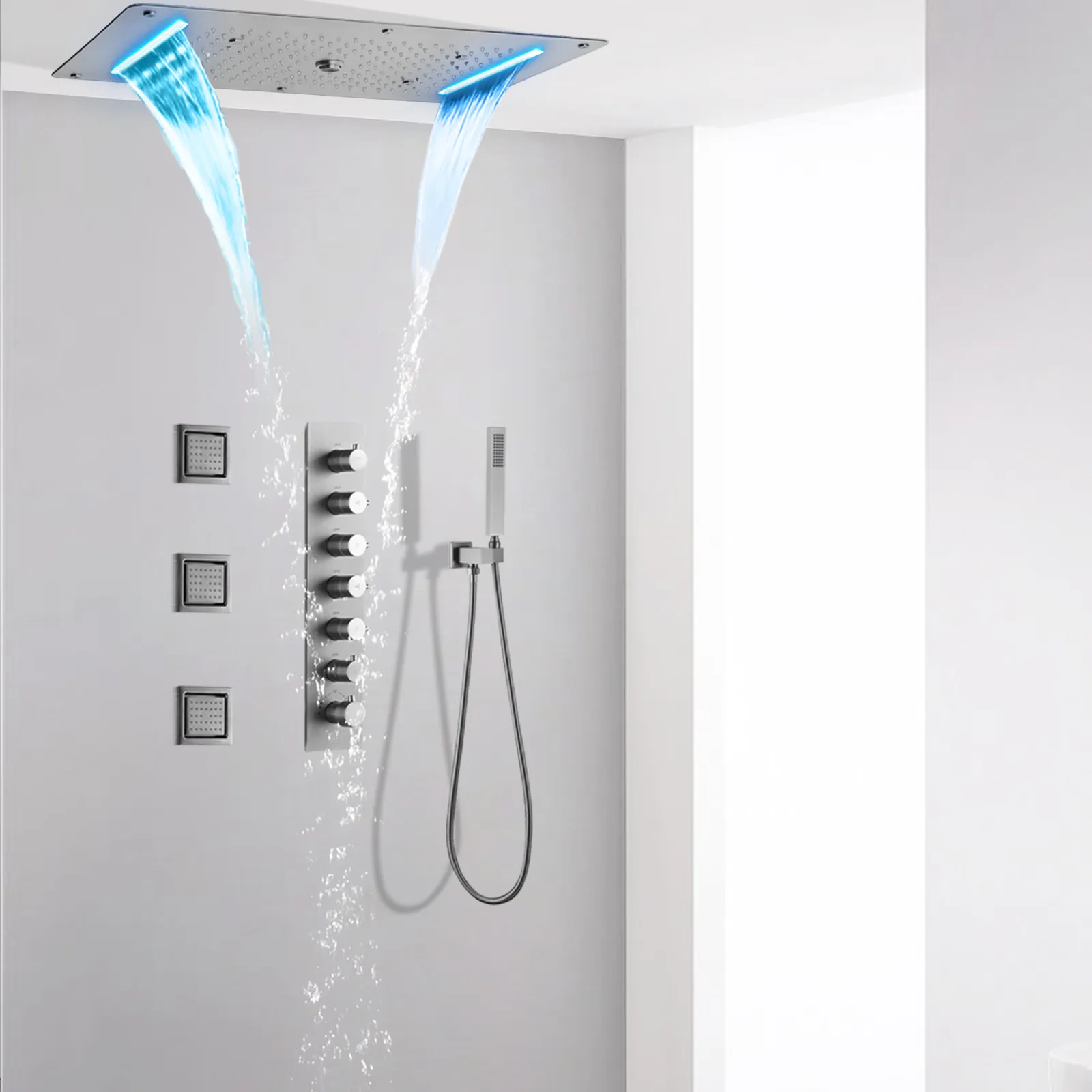 Sistema de ducha LED empotrado en el techo, 700x380mm, cabezal de ducha LED en cascada, juego de grifo de ducha termostático para baño