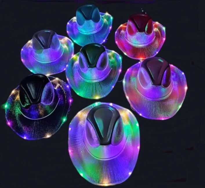 High quality Party Hats Space Cowgirl LED Hat Flashing Light Up Sequin Cowboy Hats Luminous Caps Halloween Costume