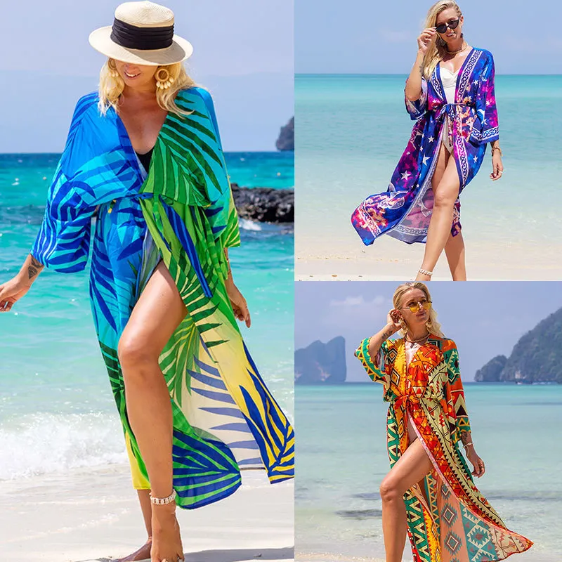 Women's Swimwear Swimsuit Cover Up Printed Kimono Sea Boho Coverup Bikini Summer Long Beach Outings Belted Cape Holiday Bathing Suits 230914