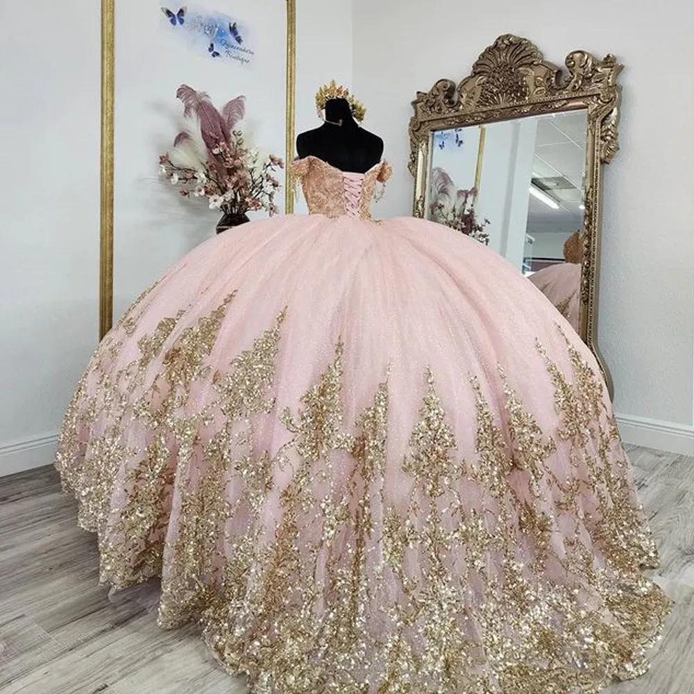 Sparkly Rose Pink Quinceanera Dresses Off Shoulder Gillter Beaded Lace Applique Corset Victorian Sweet 15 vestidos debutante