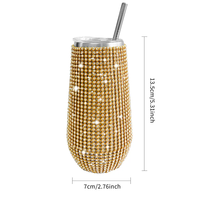 6oz Shiny Diamond Tumbler Wine Cup With Straw Stainless Steel Insulated Vacuum Champagne Cup Party Gifts for Girls