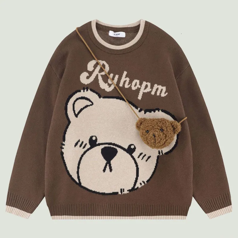 Erkek Sweaters Hip Hop Büyük Boyutlu Örme Sökümler Erkekler Vintage Bear Patchwork Jumpers Sokak Giyim Sokak Out Gevrek Y2K Külot Çiftler 230914