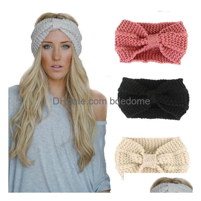 Headbands New Designer Women Solid Cloghet Bow Knot Turban Knitted Head Wrap Hairband Winter Ear Warmer Headband Hair Band Accessories Dh43T