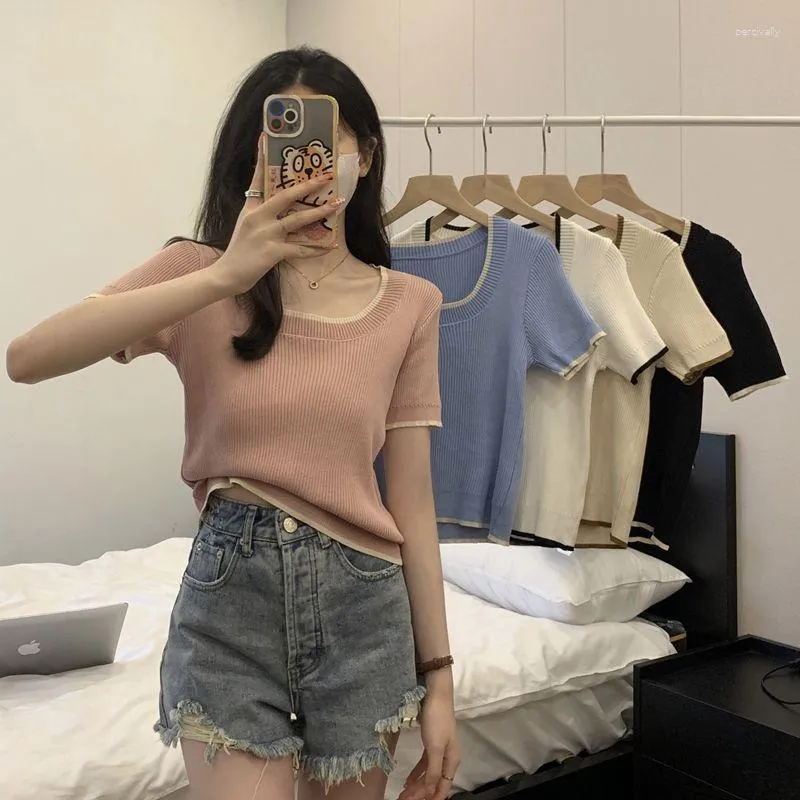 Women's Sweaters Square Collar Y2K Women Harajuku T Shirt Femme Casual Korean Trend Girl Fashion Clothes Tee High Street O Neck Patchwork