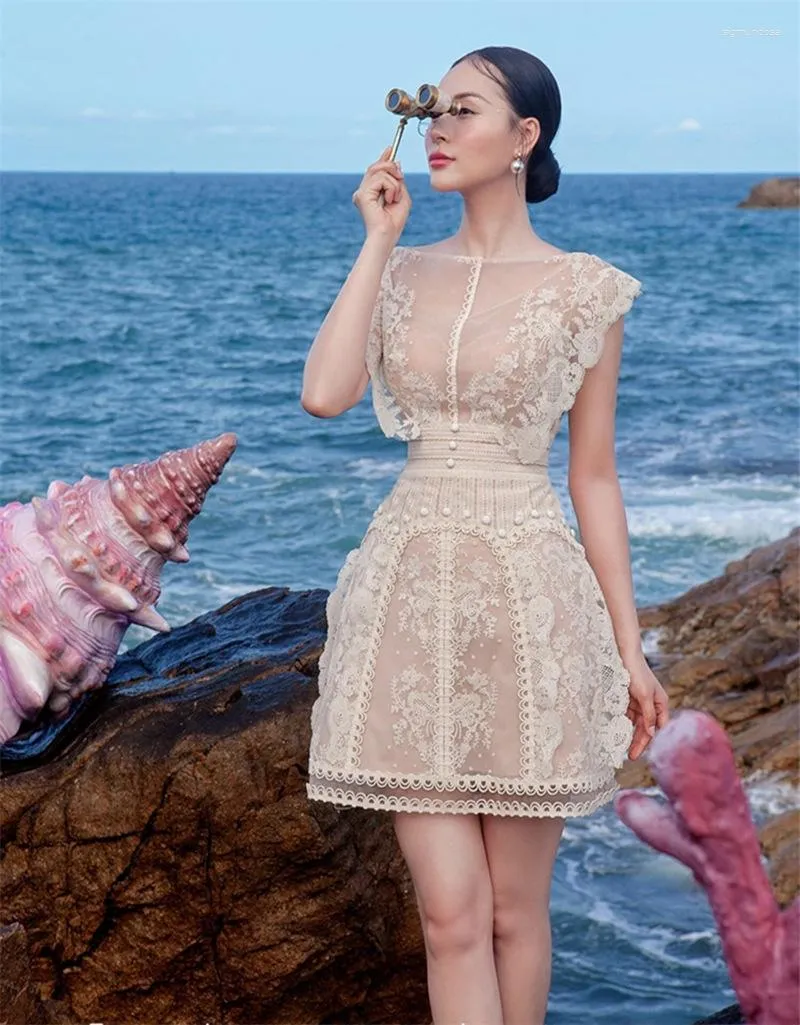 Casual Dresses Elegant Summer Short Skirt 2023 Fashion Lace Perspective Sexy O-neck A-line Cocktail Birthday Evening Dress White Beige