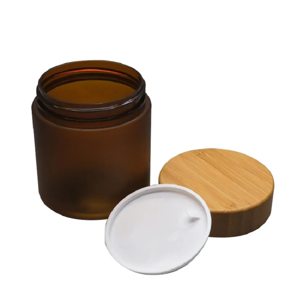 10 peças 250g 250ml mafrosted âmbar pet plástico frasco de creme com tampa de bambu tampa de bambu recipientes cosméticos frascos de doces2954