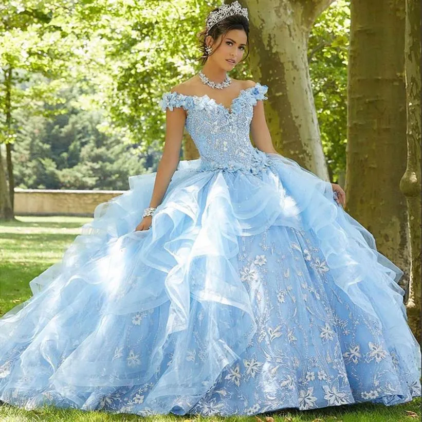 Light Sky Blue pärlbollklänning quinceanera klänningar spetsar paljetter från axel prom klänningar tiered svep tåg tyll söt 15 ma297s