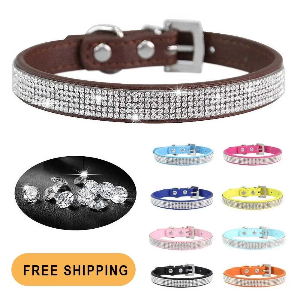 Halsbanden Halsbanden Kristal Glitter Strass Huisdier Halsband Lederen Puppy Ketting Voor Kleine Middelgrote Honden Kat Chihuahua Mopshond Accessoires 230915