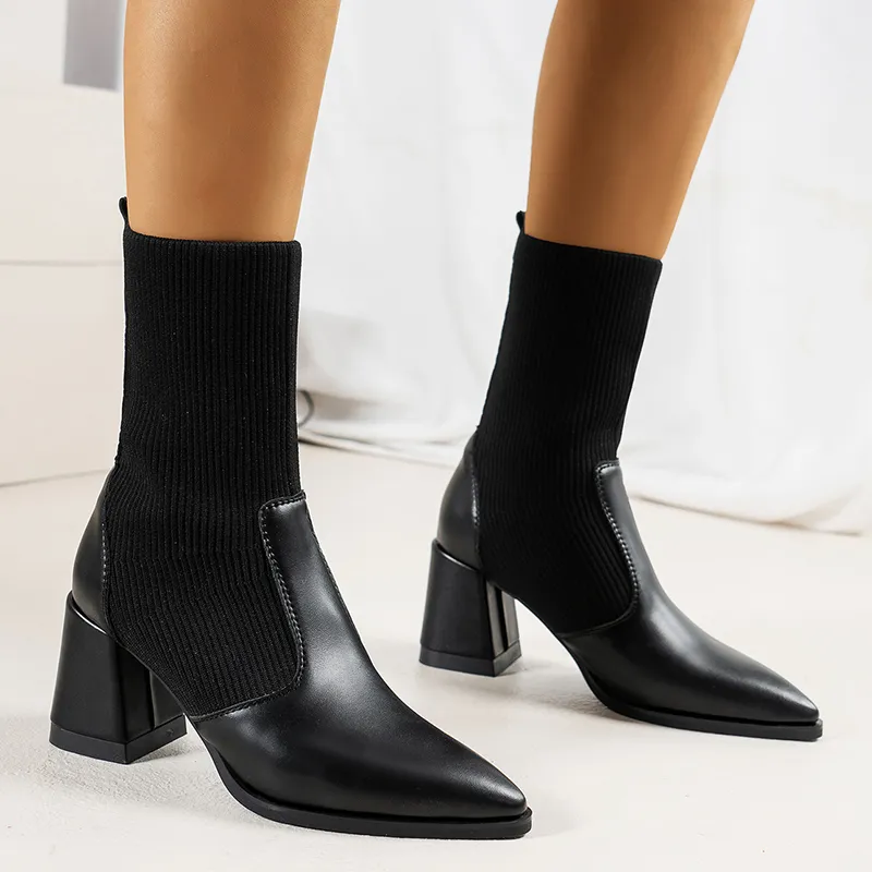 Designer sapatos causais para mulheres botas de salto grosso preto marrom moda emenda inverno senhora meias botas ao ar livre tênis de caminhada treinadores