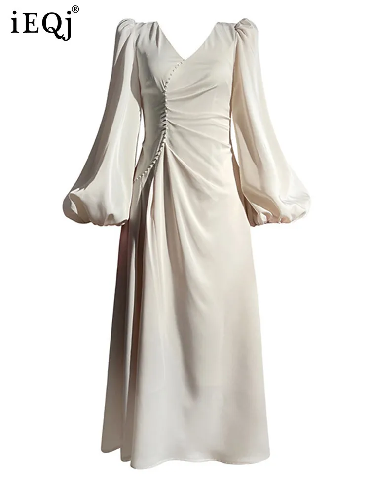 Podstawowe sukienki swobodne IEQJ klasyczny francuska sukienka dla kobiet z długim rękawem w szyku w szyku z koralikami Slim Solid Color Sukienki Fashion Summer 3W1191 230915