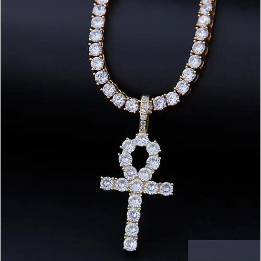 Iced Hip Hop Ankh Kreuz Anhänger mit 4 mm 18 20 1 Reihe Tenniskette Halskette Gold Silber Zirkonia Männer Frauen Hiphop Schmuck Drop Lieferung