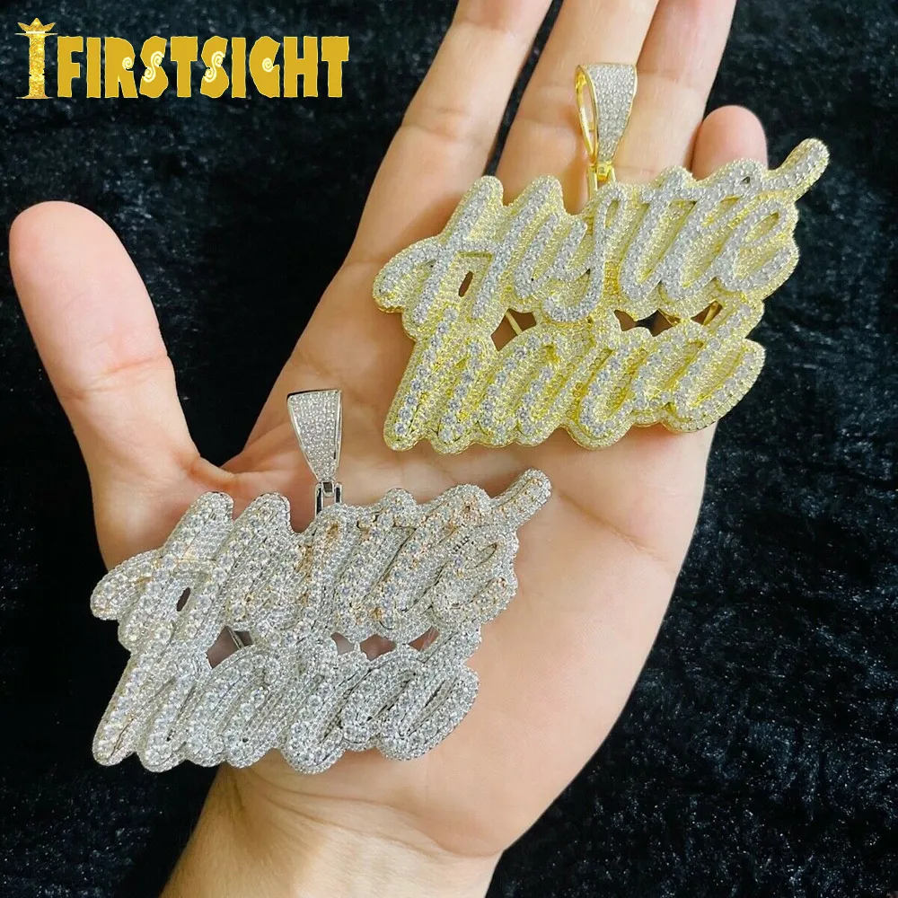 Colares Pingente Iced Out Bling Letras Cursivas Hustle Hard Pingente Colar CZ Zircon Prata Cor Carta Charme Homens Mulheres Hip Hop Jóias 230915