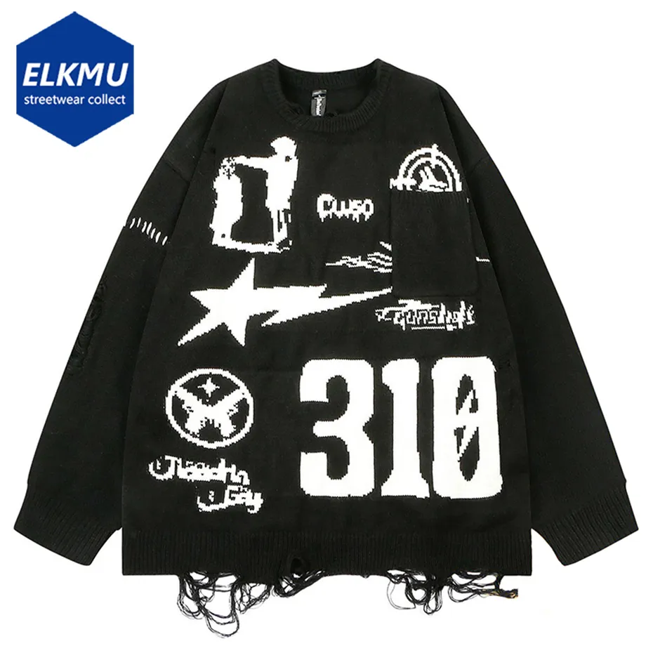 Pulls pour hommes Hommes Streetwear Pull graphique Lettre Star Motif Noir Lâche Pull en détresse Pull tricoté Pull Y2K Goth surdimensionné 230914