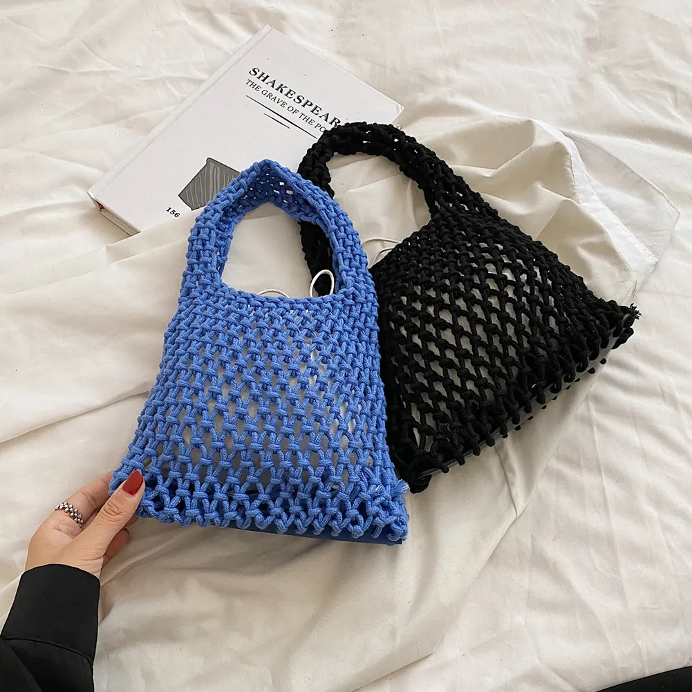 Sacos de noite Bolsa de praia de crochê para meninas verão palha corda oca mão tecido saco mulheres oco tricô bolsa 230914