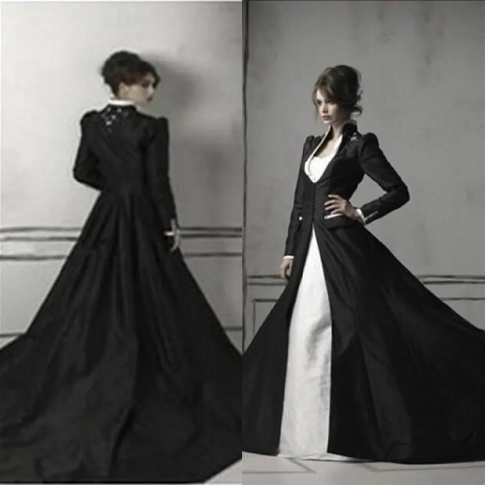 Gothic Black and White Mermaid Wedding Dresses with Long Sleeves Coat Sweetheart Trumpet Chapel Train Satin and Lace Bridal Gowns 307f