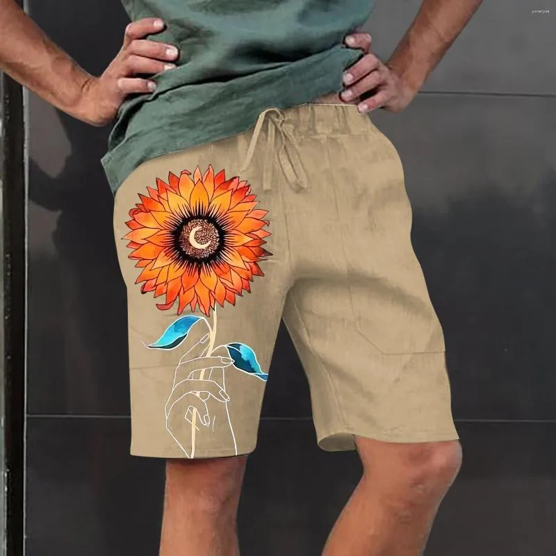 Män shorts linne herrar solros sommar kort manlig bomull knä längd svettbyxor bred ben bermuda strand stor storlek joggar