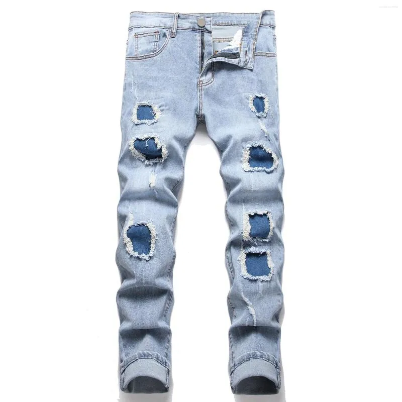 Herren-Jeans, Denim-Hosen, amerikanische High-Street-Mode, schmale Passform, gebrochene Löcher, elastisch für durchgehende Risse