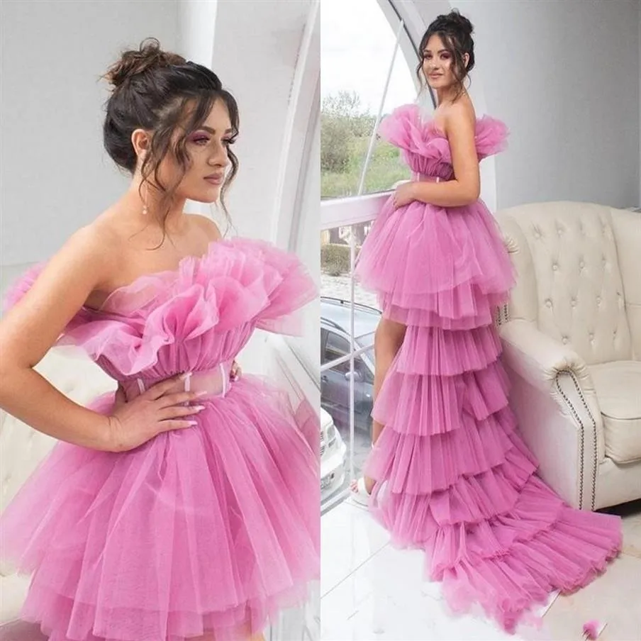 High Low Puffy A Line Prom Dresses Ruched Strapless Tiered Tulle Tutu Skirts Cocktail Party Dress Evening Gown276P