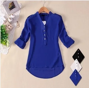 Kvinnors blusar skjortor Summer Elegant Long Sleeve V-Neck Silk Women Chiffon Bluses Solid Blue Black White Blue Ladies Shirts Female Blusa 230915