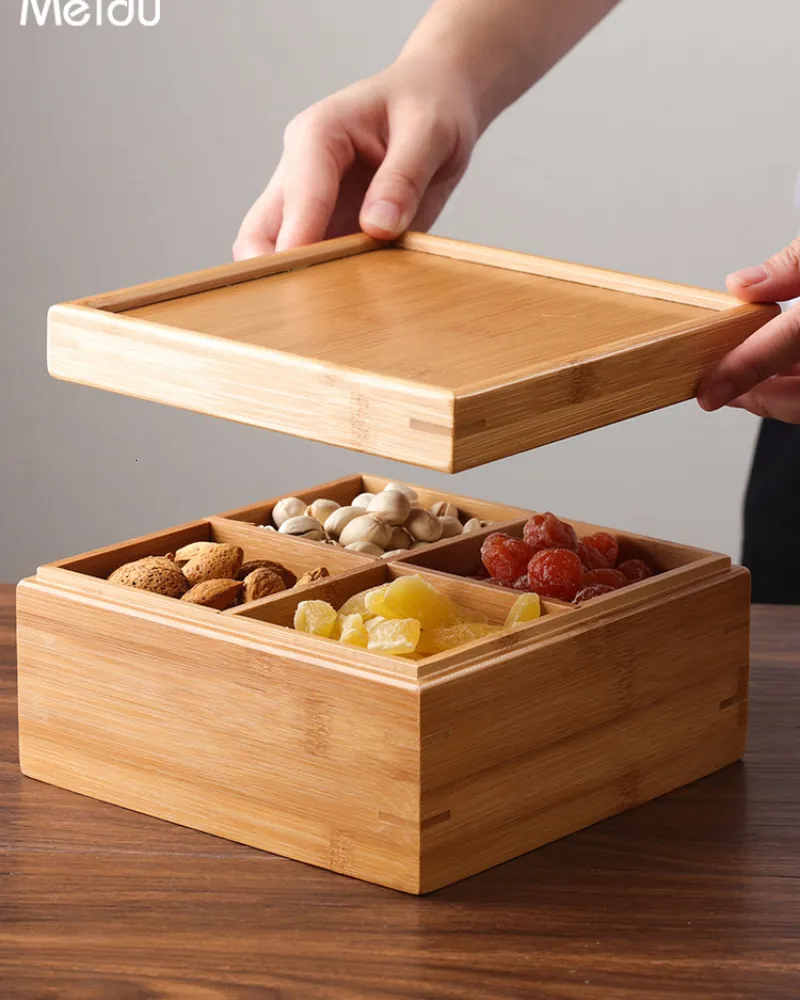 Keramische voorgerecht serveerschaal met bamboe dienblad deksel voor fruit noten desserts specerijen snoep snacks (6 compartiment) stijlvolle en Keramische voorgerecht serveerschaal met bamboe dienblad deksel voor fruit noten desserts specerijen snoep snacks (6 compartiment) stijlvolle en