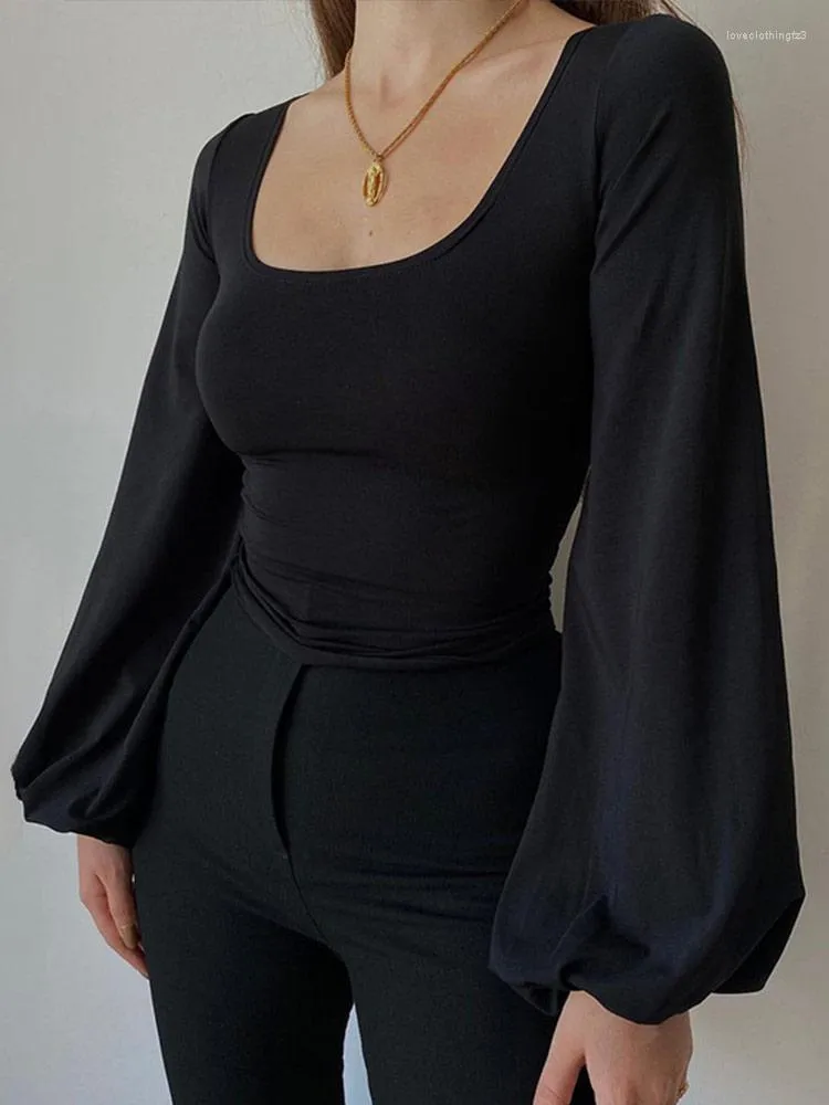 女性用Tシャツカジュアルスリムランタンスリーブ女性ファッションウネック長袖トップ春秋の女性エレガントプルオーバーアンダーコート
