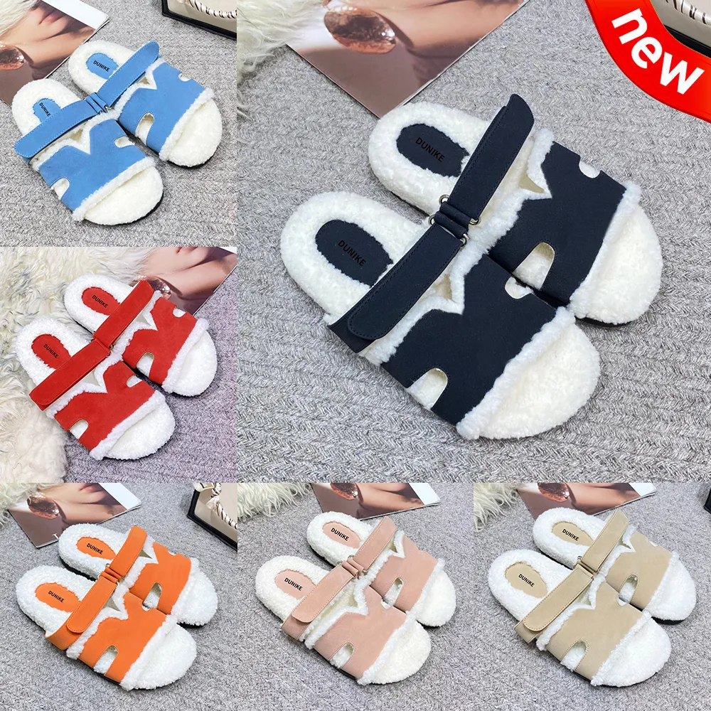 Projektant Chypre Shearling Slides Sandały Zimowe płaskie buty wełny damskie futrzane kapcie lodowe niebieskie brzoskwiniowe brzoskwiniowe oliwne różowe sandały luksurys komfortowy slajd damski pantof