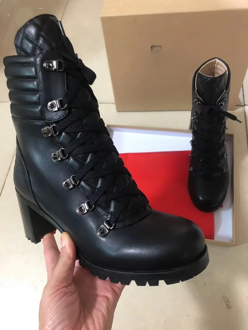 Botas femininas plataforma rendas até sapatos de salto alto grosso sapatos de sola vermelha mulher 2023 outono inverno venda quente novo fundo vermelho salto alto novas botas de tornozelo 7cm tamanho grande 43