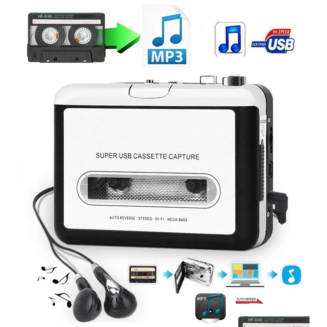 Lecteur de cassette portable au convertisseur MP3 USB Audio Music