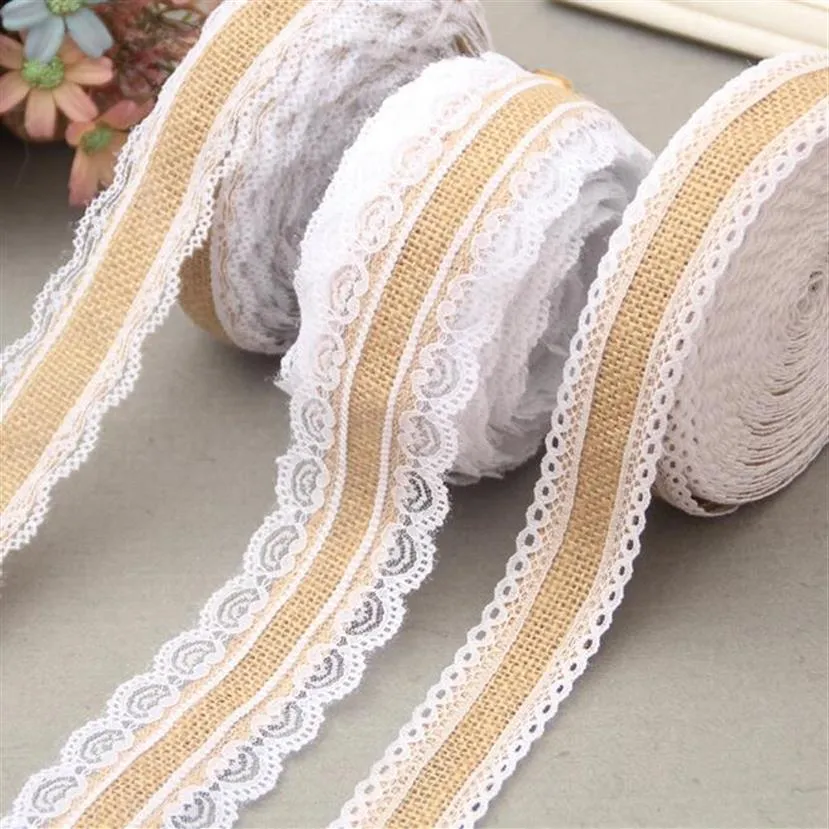 Party Supplies 2M Natural Jute Burlap Hessian Lace Ribbon Roll and White Lace Vintage Wedding Party Decorations Crafts Decorative 2781