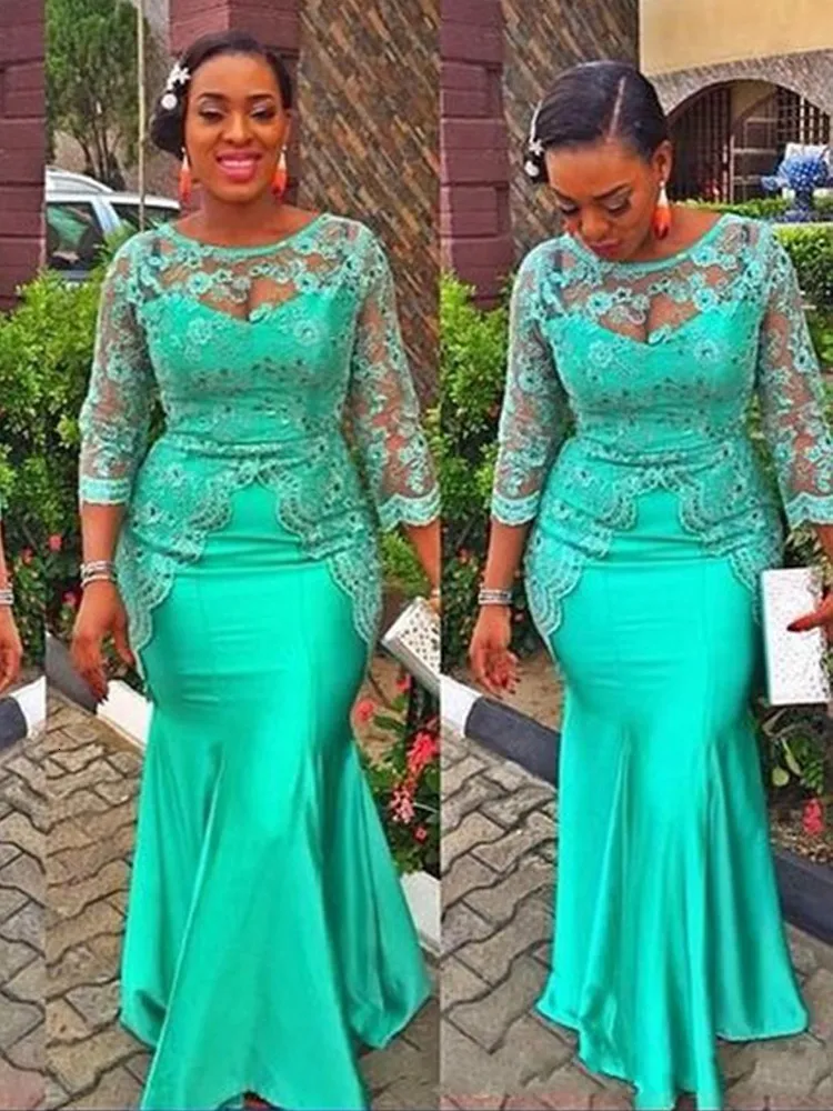 Urban Sexy Dresses Turquoise African Mermaid Evening Dress Vintage Lace Nigeria Long Sleeves Aso Ebi Style Mother Party Gown vestidos de gala 230915