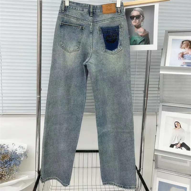 سراويل جينز نمط مطرزة للمرأة تصميم السراويل الدنيم عالية الخصر الهيب هوب جان لونج بانت أزياء الشارع