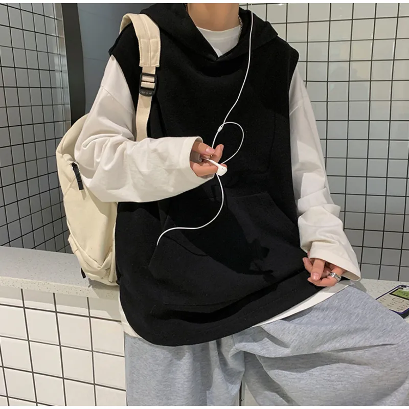 Men's Sweaters Hoody Sleeveless Vest Sweater Men Loose Winter/autumn Fashion Waistcoat Harajuku Hooded Solid Color Street Y2k Male Tops Tank 230914