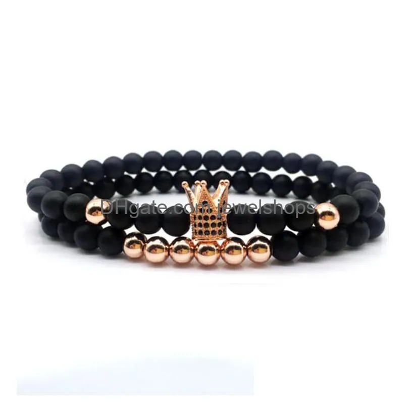 Perlen 6mm Crown King Charm Stränge Perlen Armband Set für Männer Frauen Schwarz Naturstein elastische verstellbare Armreif Paar Schmuck Geschenk DHPY4