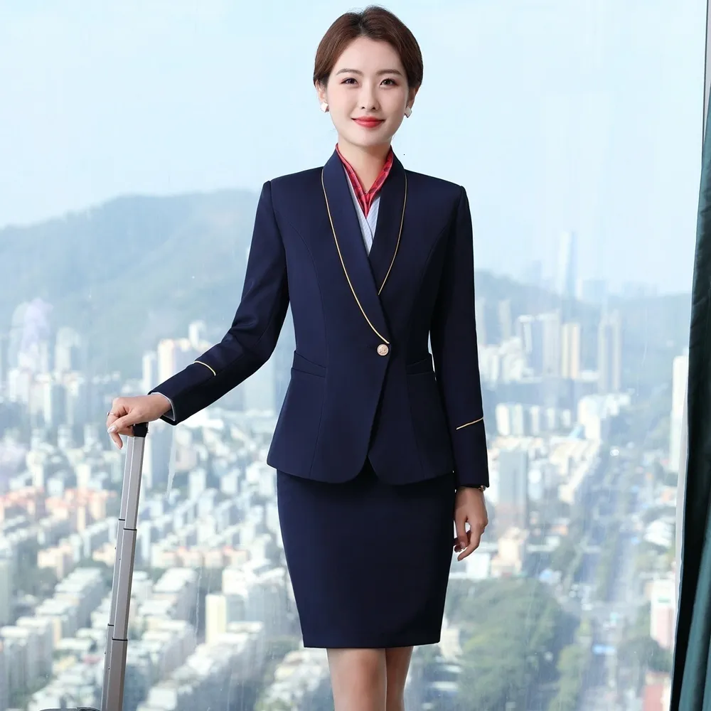 Korean Style Two Piece Dress Women Skirt Suit Blazer Office Work Wear Stewardess Uniform Navy Blue Organic Cotton Spring 2024
