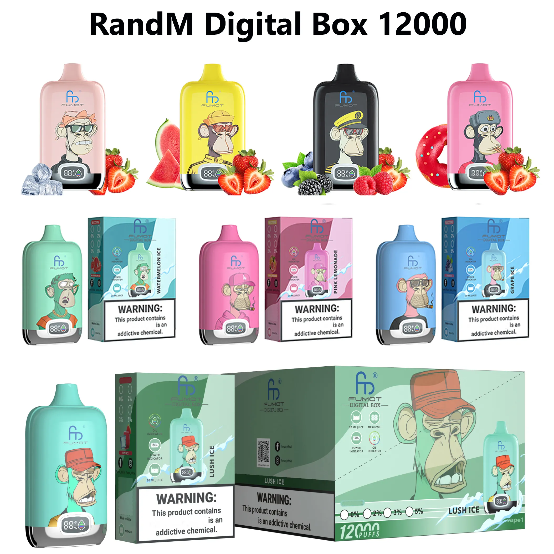 Boîte numérique originale RandM Fumot 12000 bouffées Vape jetable 12K 850mAh Type-C charge 48 saveurs Tornado 9000 9K Pro Tornado 15000 VAPME Shisha 15K