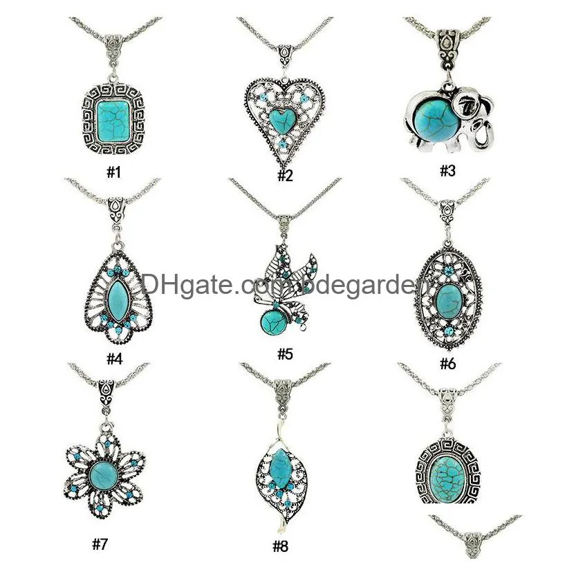 Hanger Kettingen Vintage Turquoise Vierkant Olifant Hart Bladeren Bloem Natuursteen Lange Kettingen Voor Vrouwen Mode-sieraden Gift Drop Dhsrh