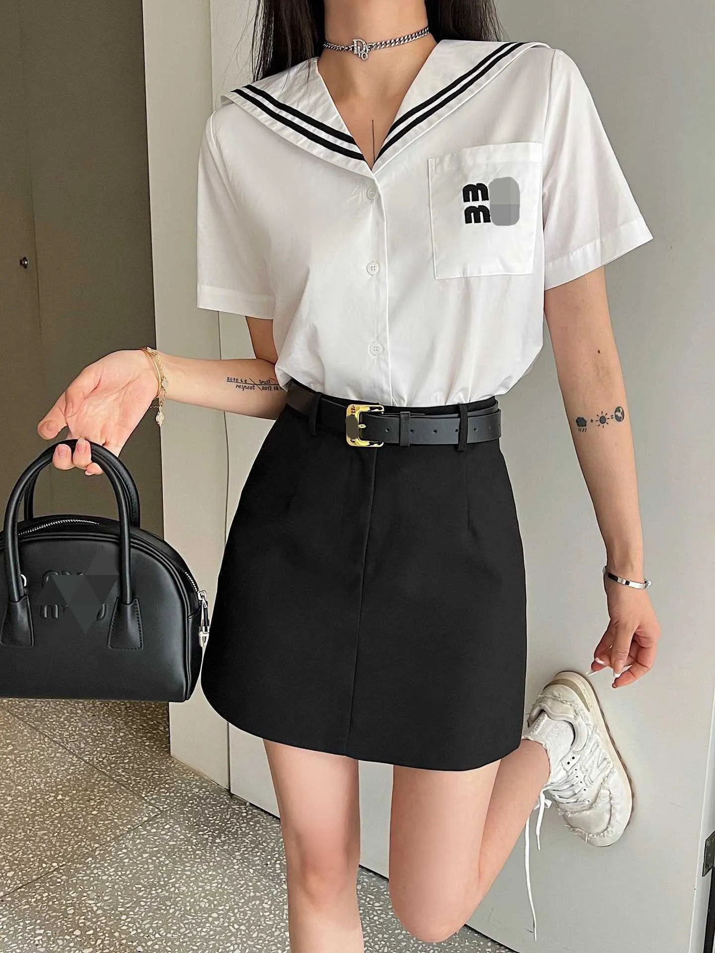 Two Piece Dress letter embroidered small V lapel white short sleeved shirt+A-line skirt set comes with a high-end metal belt as gift