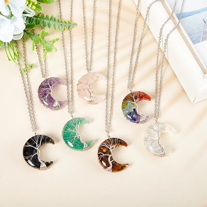 Natural Crystal Pendant Tree Of Life Necklace Moon Shape Reiki Necklace Wire Wrap Crescent Moons Natural Stone Resin Jewelr Gift