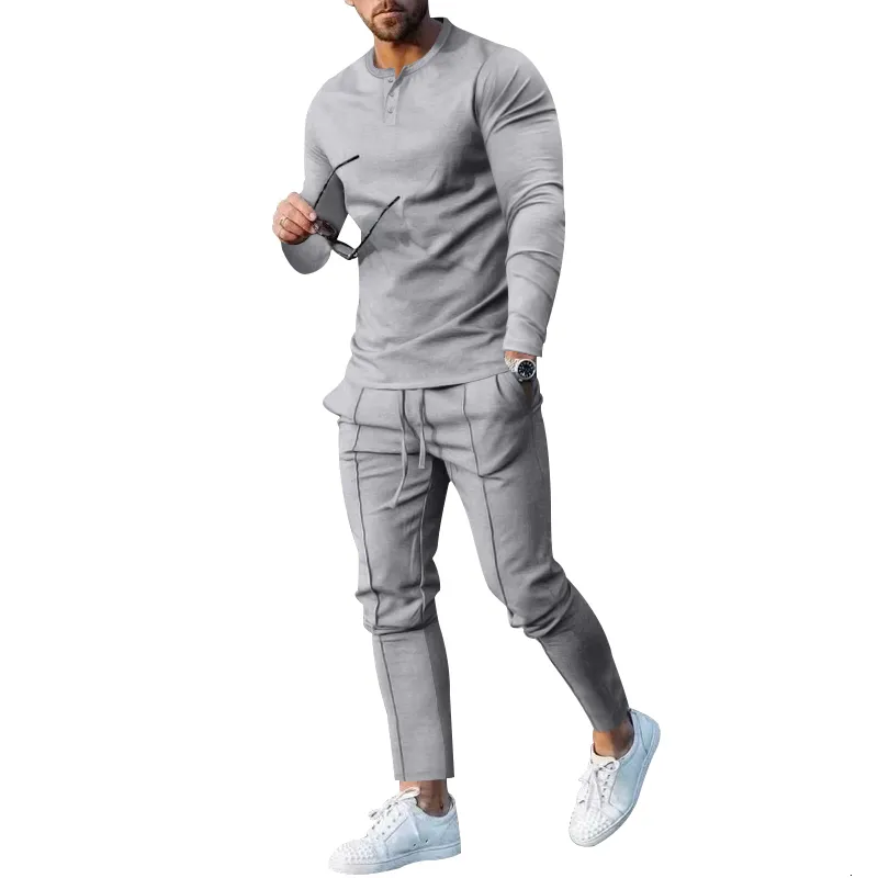 Mens Tracksuits Autumn Large Solid Henley Shirt Long Sleeve Pants Set Trend Stock 230914