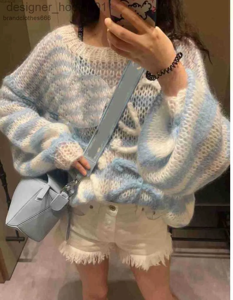 Women's Sweaters 2023 Autumn and Winter New Advanced Sense Casual Age Reducing Soft and Soft Glutinous Blue White Hollow Pullover Knitted Sweater for Women L230915