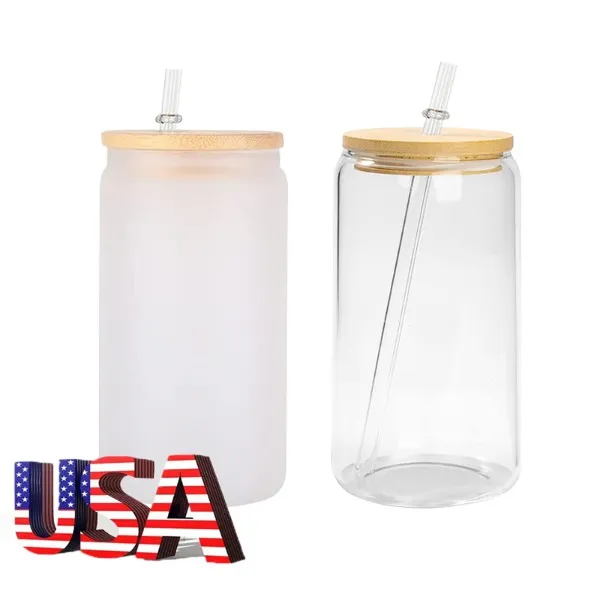 USA CA Warehouse Clear Frosted 16 unz Bubble Tea Cup Stanowy sublimacja szkło piwa z bambusową pokrywką