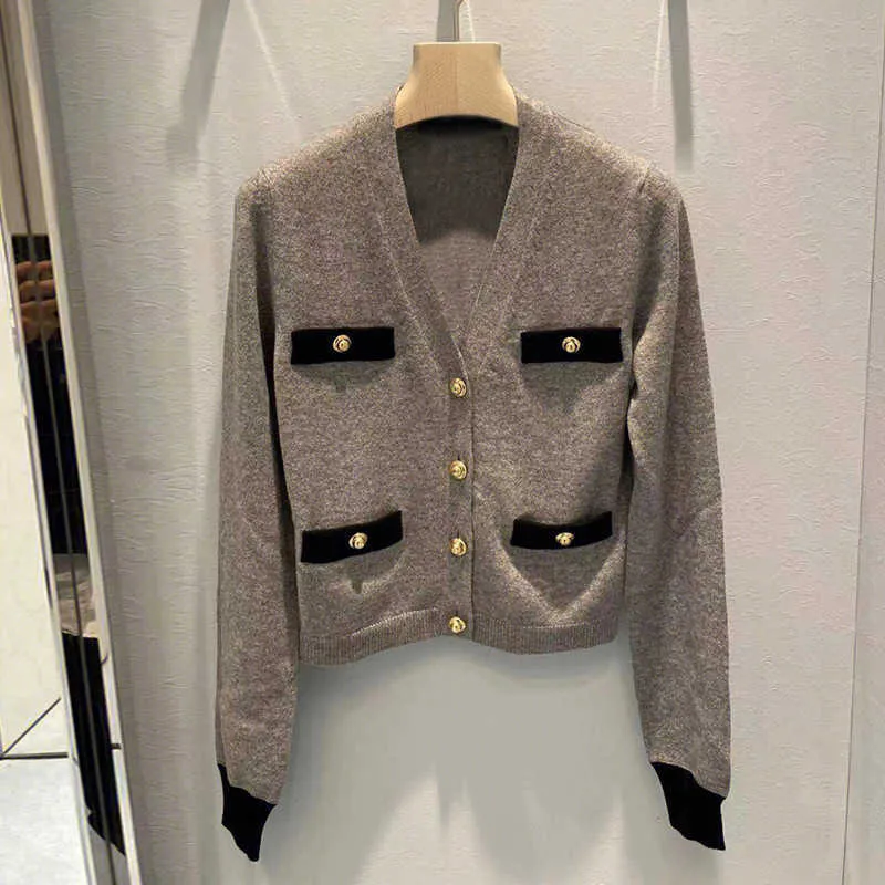 Kadın Sweaters 2023 Bahar Yeni Gri Kazak Ceket V Yastık Uzun Kollu Gevşek Hardian Çok yönlü örme Yün Kadınlar İçin