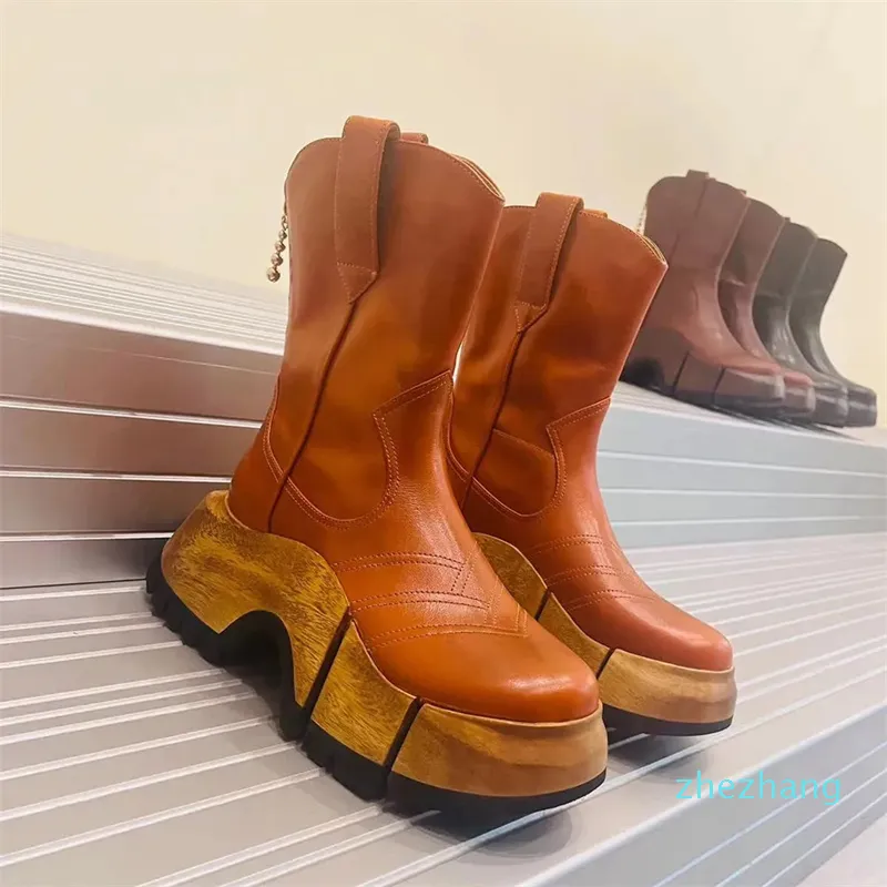 2023-Wood grain rubber chunky platform ankle boots leather shoes short boot low heel Martin booties heavy duty luxury designer brands for women factory footwear