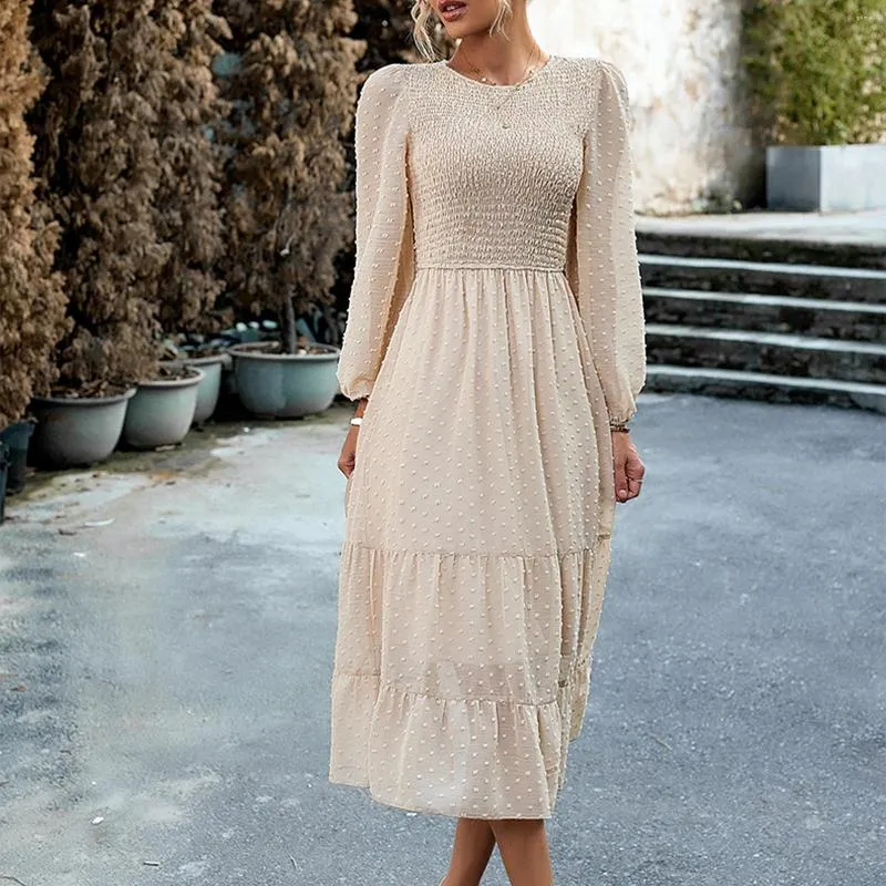 Lässige Kleider, Midi-Kleid, Rundhalsausschnitt, lange Ärmel, gepunktet, für den Abend, Jacquard, Rüschenbesatz, Party, Clubwear für Damen