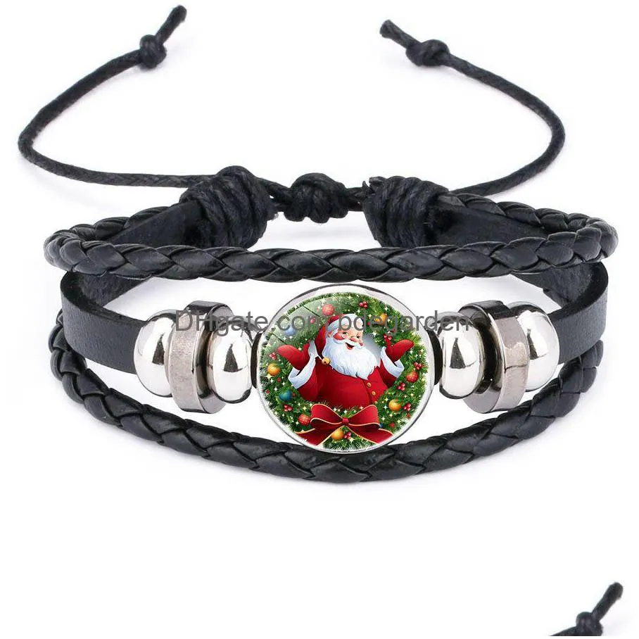 Charmarmband Julläder för kvinnor Män rena Tree Santa Claus Bell Snowman Glass Cabochon Bangle Fashion Festival Drop Del Dhdx9