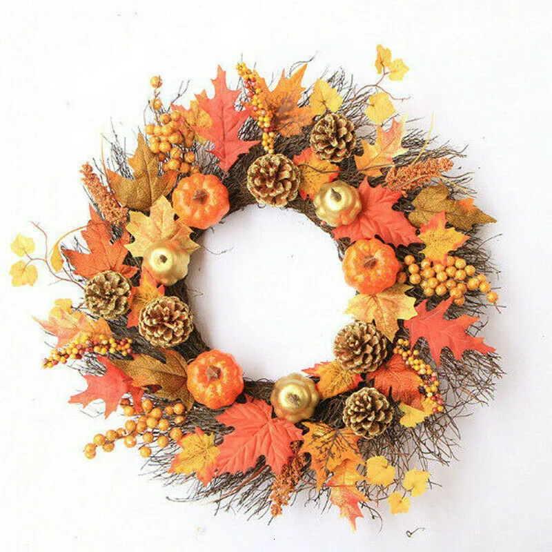 Decorative Flowers Wreaths Artificial maple leaf rattan pumpkin pinecone wreath Halloween Thanksgiving door decoration pendant Garden courtyard Garland 230915