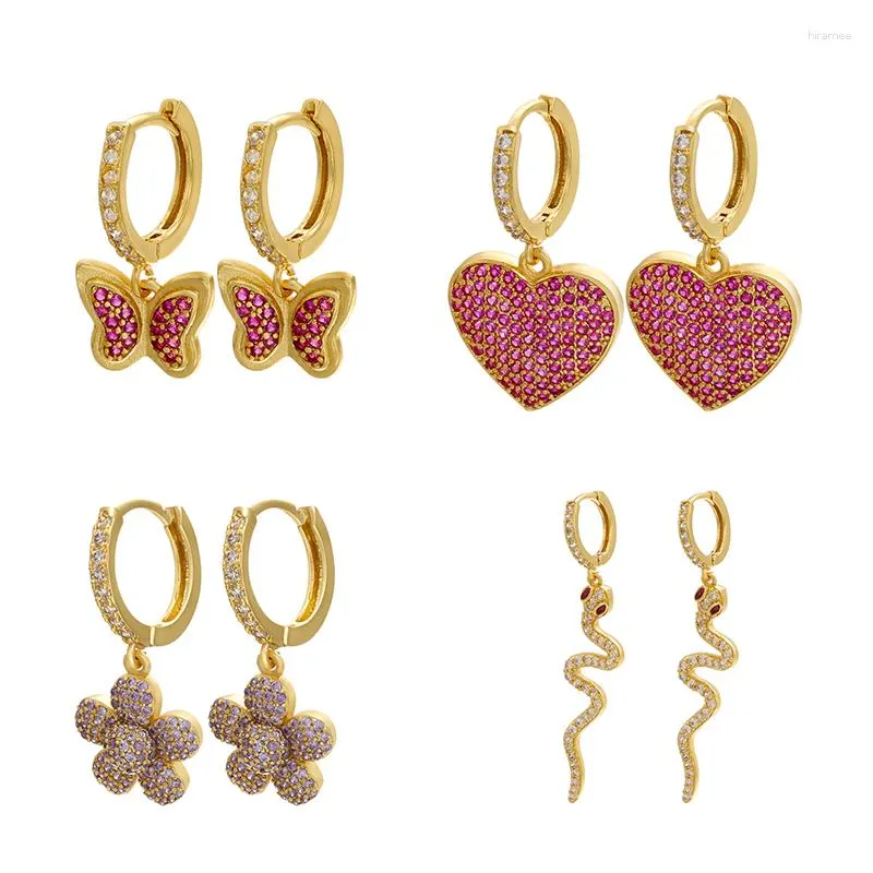 Hoop Earrings ZHUKOU 2023 Creative Gold Color Flowers/heart/butterfly Small CZ Crystal Earring With Charms VE260