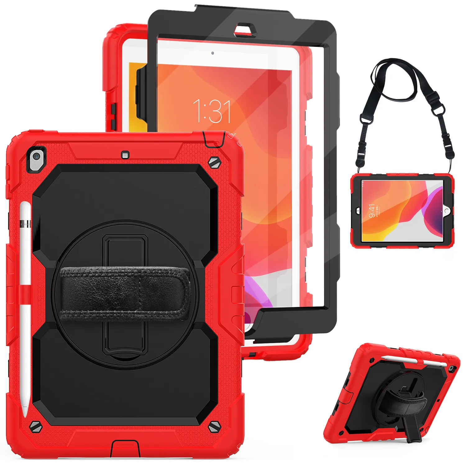 För iPad Pro 10,5 tum Air 3 10,5 "Fall 360 Rotation Kickstand Handrem Tunga Hybrid Protective Cover Kids Safe Safe Pocket Proof Case + Screen Pet Film + Shoulder Straps