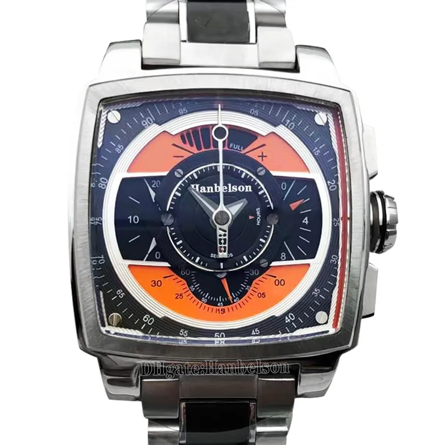 Мужские часы с квадратным хронографом, оранжевый циферблат, 44 мм, стальной механизм, двухцветный черный ремешок, кварцевые наручные часы2641